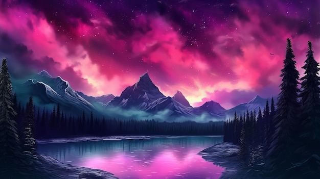 Montagne infastidite con Aurora Borealis Fuchsia Sky Stabilimento con copyspace Risorsa creativa AI Generata