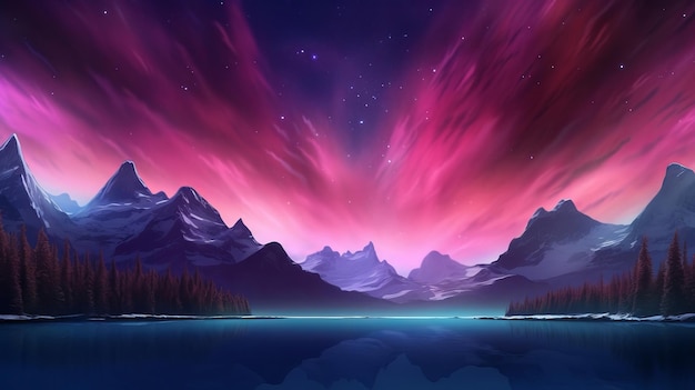 Montagne infastidite con Aurora Borealis Fuchsia Sky Stabilimento con copyspace Risorsa creativa AI Generata