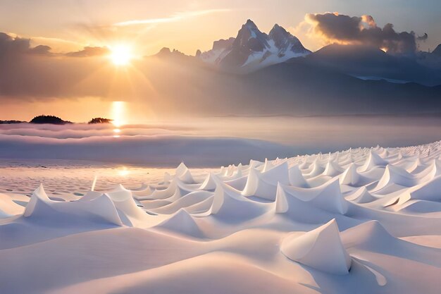 montagne innevate con il sole che tramonta dietro di loro