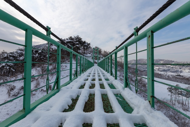 Montagne innevate e ponte