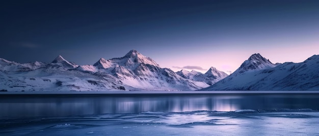 Montagne innevate in inverno vicino al lago sotto un cielo scuro all'alba