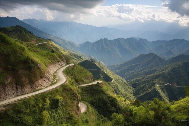 Montagne maestose con una strada tortuosa e una vista panoramica in primo piano creata con l'IA generativa