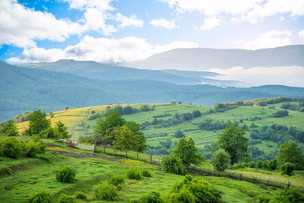 Montagne mattutine nella nebbia all'alba in campagna Paesaggio della natura