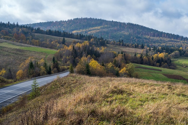 Montagne nebbiose e nuvolose dei Carpazi e autostrada sul passo di montagna Ucraina