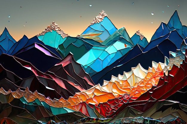 Montagne paesaggistiche realizzate con frammenti di vetro di carnevale