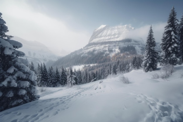 Montagne ricoperte di neve fresca e pronte per avventure create con l'IA generativa