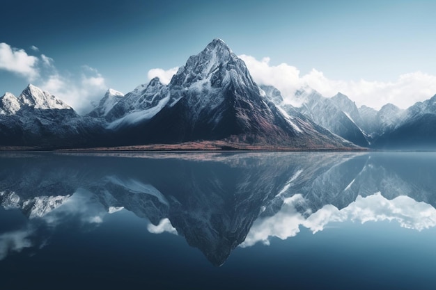 Montagne riflesse in un lago con un cielo azzurro e nuvole ai generative