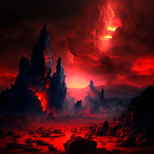 Montagne rosse bagliori e crepe sulla superficie Cielo cupo Magma e lava si espandono sulle montagne