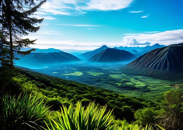 Montagne tropicali con una tavolozza di colori vintage che offrono un paesaggio piatto per panorami mozzafiato AI generati