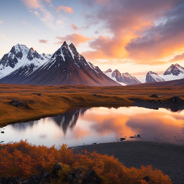 Montagne Vestrahorn al tramonto in stokksnes generate dall'intelligenza artificiale