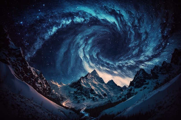 Montagne via lattea e cielo stellato Immagine astratta nello stile del postimpressionismo IA generativa