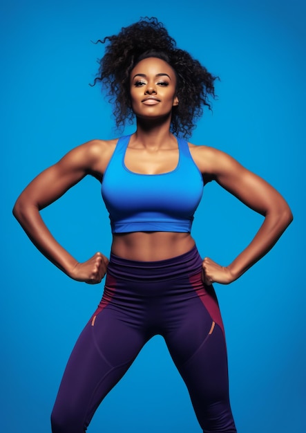 Montare la giovane donna nera che mostra il muscolo su sfondo blu