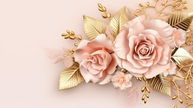 Montatura in oro con fiore rosa bella illustrazione floreale IA generativa