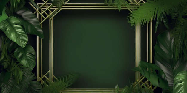 Montatura in oro con foglie tropicali su sfondo verde