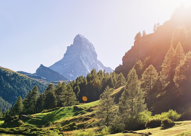 Monte Cervino e collina verde a Zermatt, in Svizzera in estate. Con speciali raggi di luce e bagliori solari