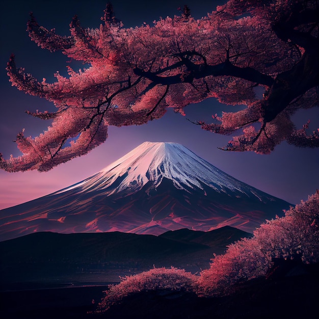 Monte Fuji e alberi di ciliegio in fiore in primavera Illustrazione del paesaggio giapponese