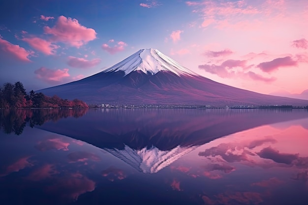 Monte Fuji e Lago Kawaguchiko al tramonto Giappone Bellissimo paesaggio panoramico del monte Fuji o Fujisan con riflesso sul lago Shoji all'alba con cielo crepuscolare Giappone Generato dall'intelligenza artificiale