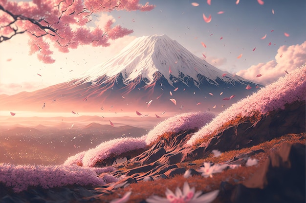 Monte Fuji e petali di sakura sparsi e fluttuanti