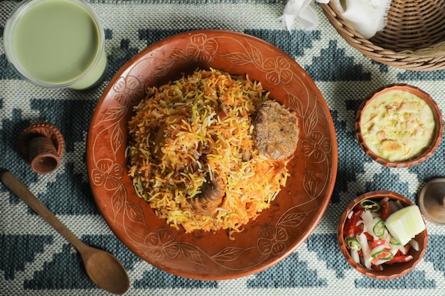 Montone Kacchi biryani con insalata borhani e Chui Pitha servito in un piatto isolato su tappetino vista dall'alto del cibo indiano e del Bangladesh