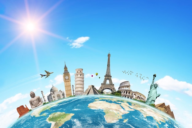 Monumenti famosi del mondo raggruppati sul pianeta Terra