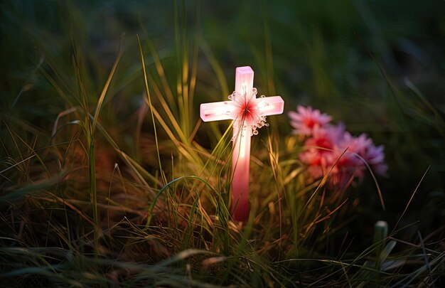 monumento commemorativo di una piccola croce con un in erba nello stile di marrone chiaro e rosa