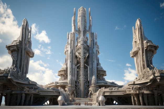 Monumento futuristico con colonne imponenti e intricati intagli creati con l'IA generativa