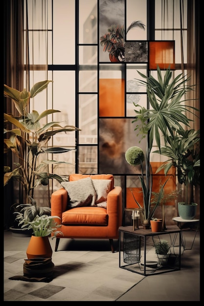 Mood board collage interno di piante di mobili per il soggiorno e materiali di finitura con spazio di copia