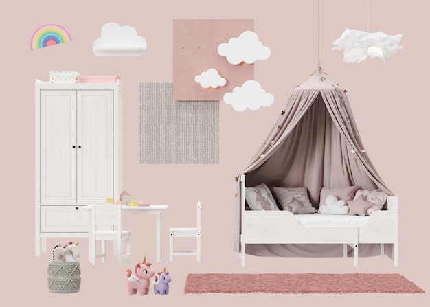 Mood board di interior design con mobili moderni isolati per la camera dei bambini accessori per la casa materiali Dettagli del negozio di mobili Progetto d'interni per la camera dei bambini Collage in stile contemporaneo Rendering 3d