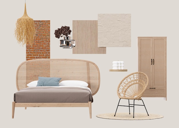 Moodboard di interior design con mobili da camera da letto moderni isolati accessori per la casa materiali Negozio di mobili dettagli interni Progetto d'interni Collage di mood board in stile Boho Rendering 3d