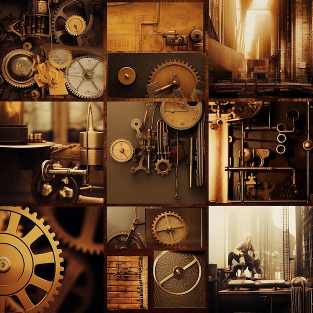 Moodboard ispirato allo Steampunk con estetica industriale