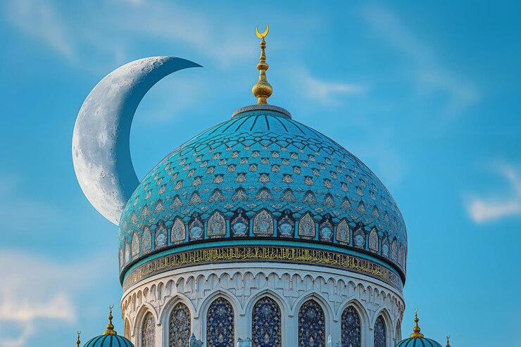 Moon Over Mosque Ramadan Vibes Background Generative AI