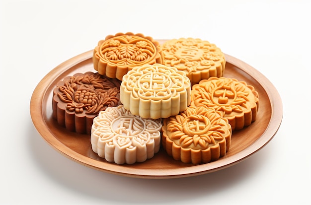 Mooncakes su un piatto su sfondo bianco