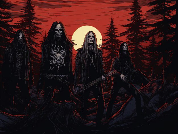 Moonlit Chaos Norwegian Black Metal Band in Heavy Metal Fashion Forest Screams Line Art con Bold