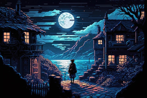 Moonlit Night Pixelated Fantasy Art Animated Game Painting