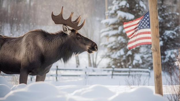 Moose in the wild sfondo invernale sfondo fotografia bandiera americana IA generativa