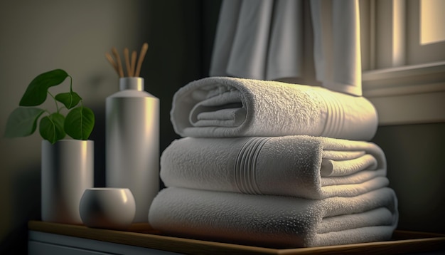 Morbidi asciugamani bianchi ben ripiegati nel bagno accanto a una finestra AI generativa