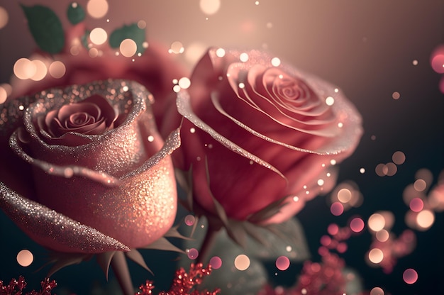 Morbido bagliore rosa pallido glitterato e rose rosse per San Valentino. Sfondo di San Valentino