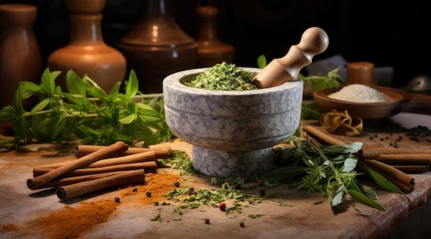 Mortero con erbe aromatiche da cucina su tavolo di legno AI generativa