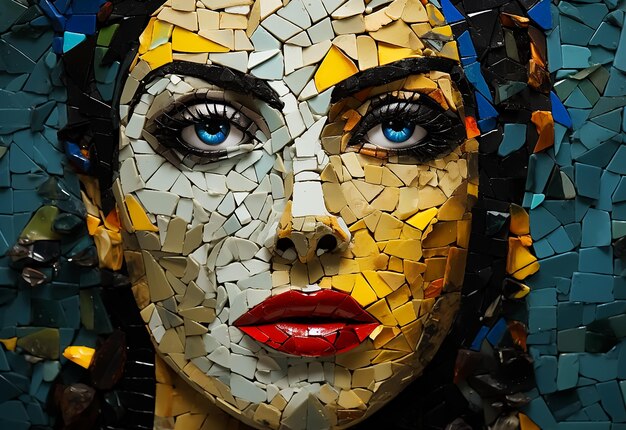 Mosaico Art del volto di una bella ragazza ritratto fatto da centinaia di blocchi di pietra