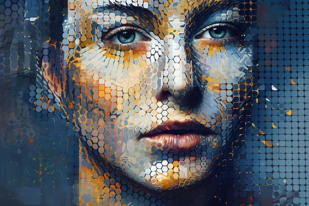 Mosaico astratto collage di una bella faccia woman39s con trucco creativo Tecnologia e concetto di intelligenza artificiale