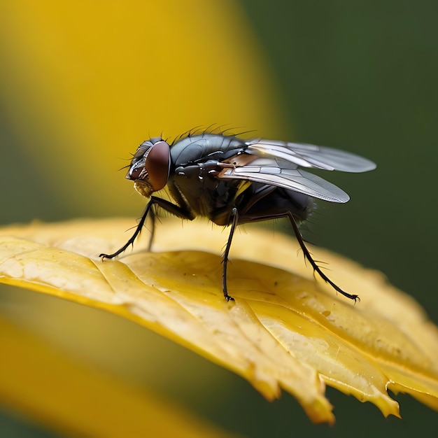 Mosca domestica su una foglia gialla generata dall'AI