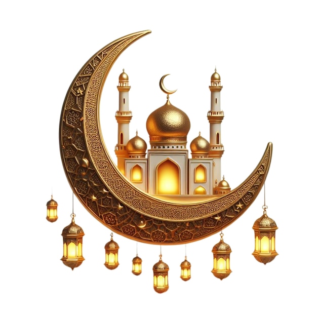 moschea 3D dorata con mezzaluna dorata e lanterna