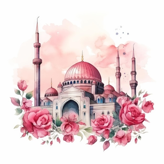 Moschea ad acquerello astratto con colori vivaci e moschea ad acquarello con fiori e rose
