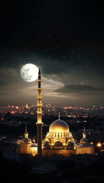 Moschea al cielo notturno con la luna piena e le stelle Ramadan Kareem