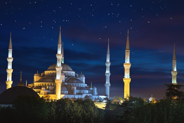 Moschea blu di Sultanahmet di notte con un cielo fantastico e sta