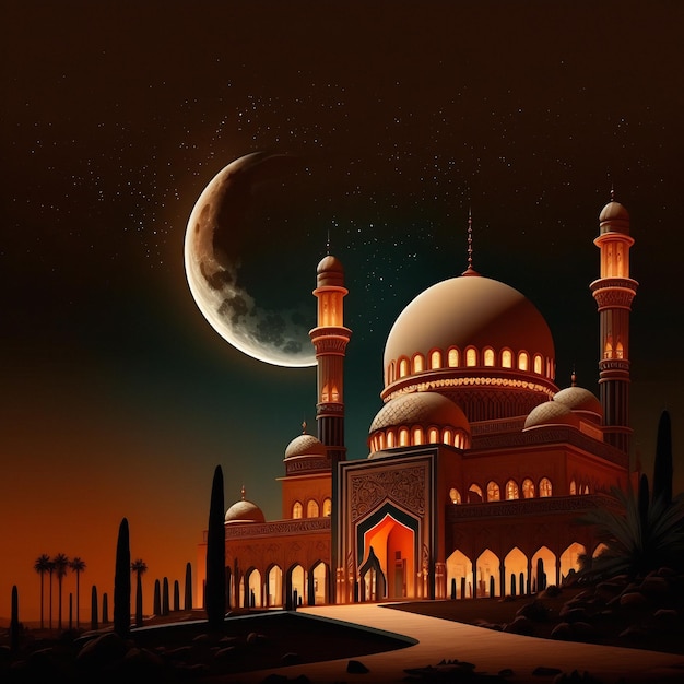 Moschea con arancia di notte con cielo rilassante e recita della luna