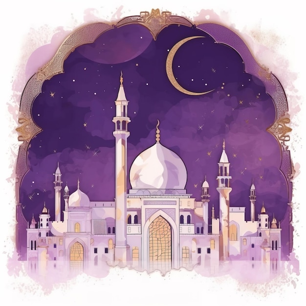 moschea con falce di luna Saluti islamici illustrazione della carta eid nello stile dell'arte dell'acquerello