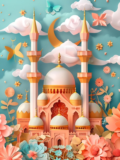 Moschea con fiori per l'arte cartacea del Ramadan