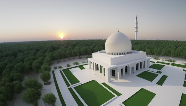 Moschea contemporanea Una fusione di tranquillità bianca e serenità verde in mezzo alla natura Canopy Sunset D