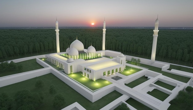 Moschea contemporanea Una fusione di tranquillità bianca e serenità verde in mezzo alla natura Canopy Sunset D